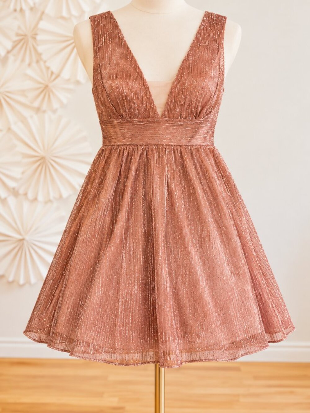 YOUHUO Shimmery Pink Copper Pleated Mini Dress, Fully Lined, Size XS Sample Card